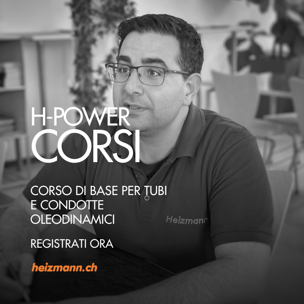 Werbung für H-POWER CORSI, 'Corso di base per tubi e condotte oleodinamici', Mann mit Brille, Registrierung auf 'heizmann.ch'.