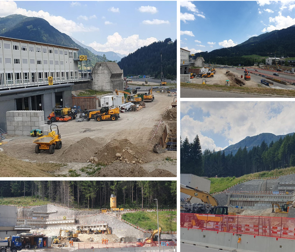 Collage de photos de chantier montrant des machines de construction et l'avancement des travaux en montagne