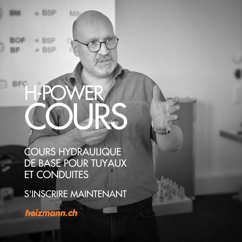 Werbung für H-POWER Kurse, 'Cours hydraulique de base pour tuyaux et conduites', gestikulierender Mann, Anmeldung auf 'heizmann.ch'.