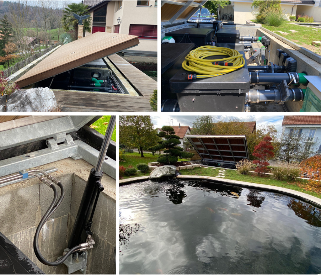 Différentes phases de l'installation de la technologie de l'étang et vue d'un étang de jardin achevé