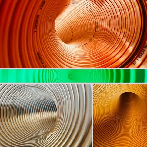Verschiedenfarbige Spiralschläuche in Nahaufnahme, aufgerollt zur Ansicht der Struktur