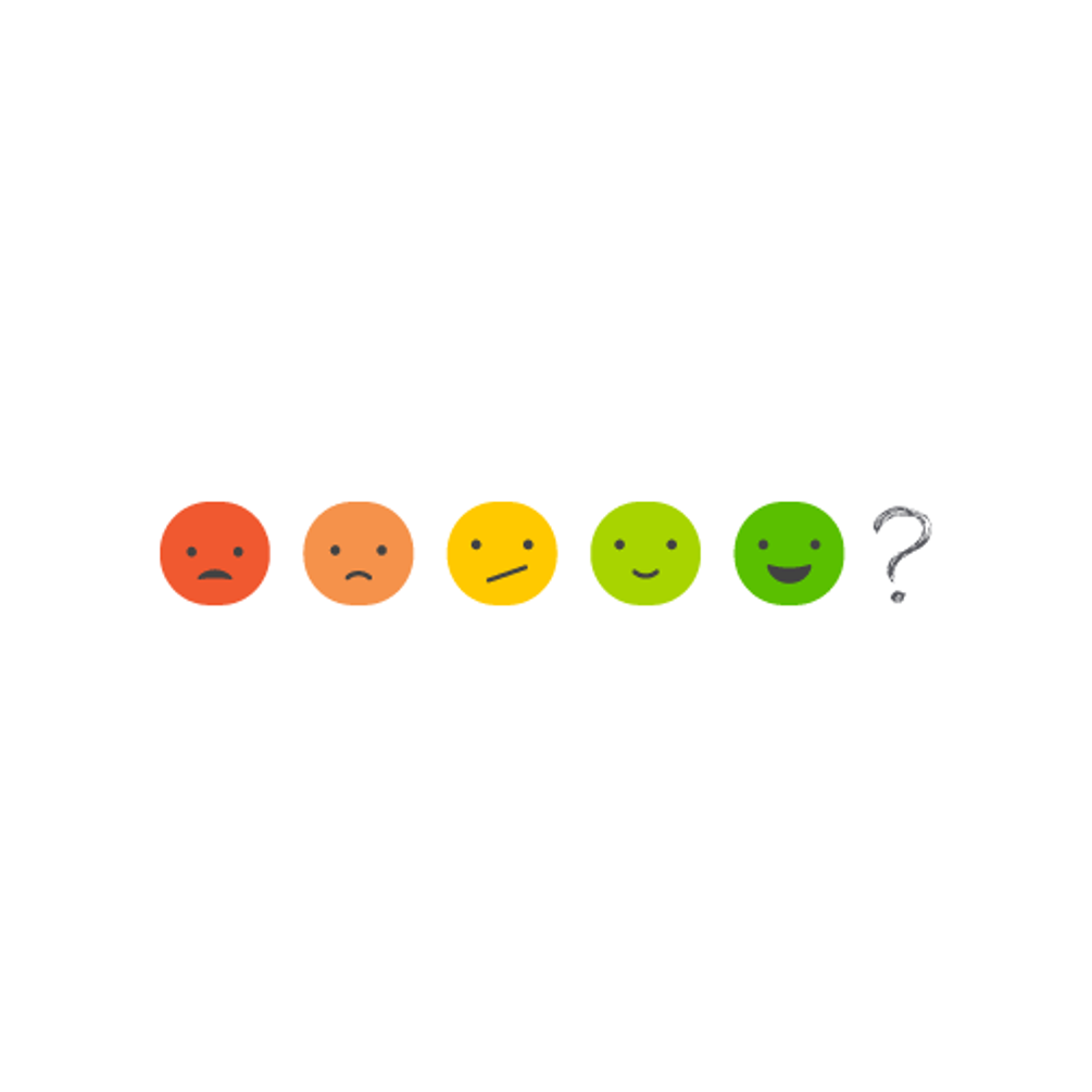 Fünf Smileys von freudig bis nicht amüsiert mit einem Fragezeichen zur Bewertung der Kundenzufriedenheit